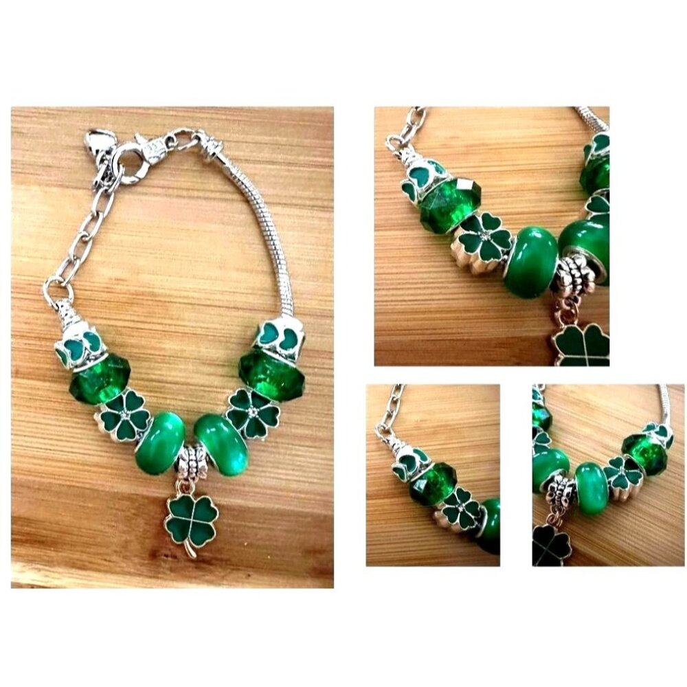 St Patricks Day Four Leaf Clover Bracelet New Beaded Charms Heart Dangle…